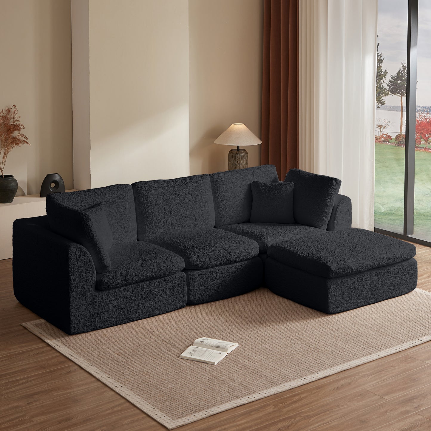 110' Cloud Sectional Couches for Living Room, Convertible L-Shape Couch with Ottoman, 3 Seater Modular Sectional Sofa, Black W1359S00015