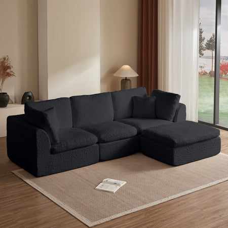 110' Cloud Sectional Couches for Living Room, Convertible L-Shape Couch with Ottoman, 3 Seater Modular Sectional Sofa, Black W1359S00015