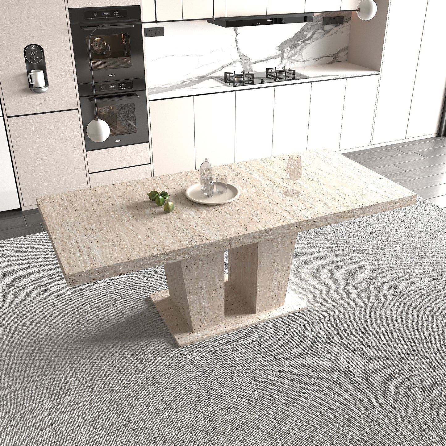 Rectangular extendable dining table, suitable for 6-10 people, with veined travertine pattern, dimensions 160-200 cm, simple and elegant.  W1347S00018