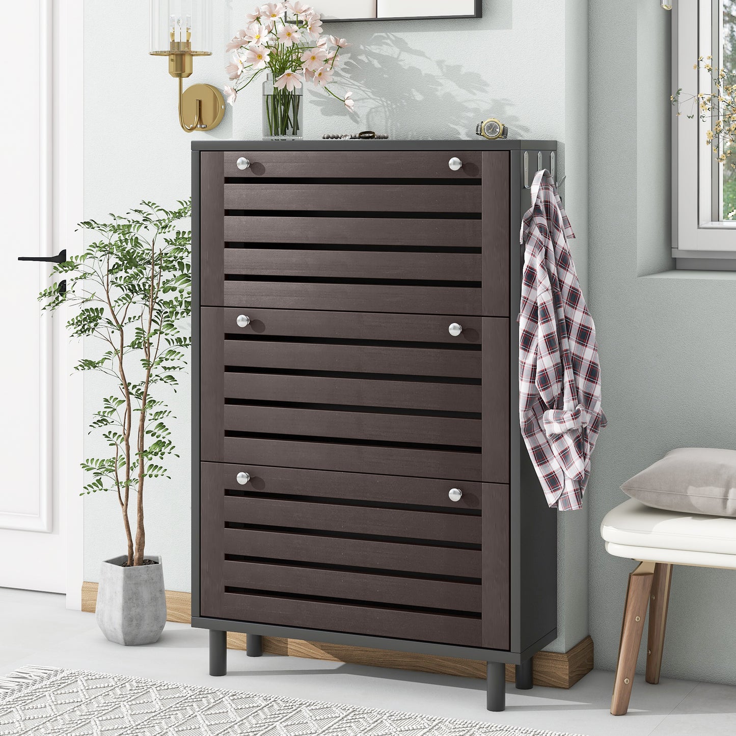 ON-TREND Minimalist Slim Tipping Bucket Shoe Cabinet with Hanging Hooks, Slits Design Panels Entryway Organizer with 3 Flip Drawers, Free Standing Shoe Rack with Adjustable Panel for Hallway, Black  WF308729AAB