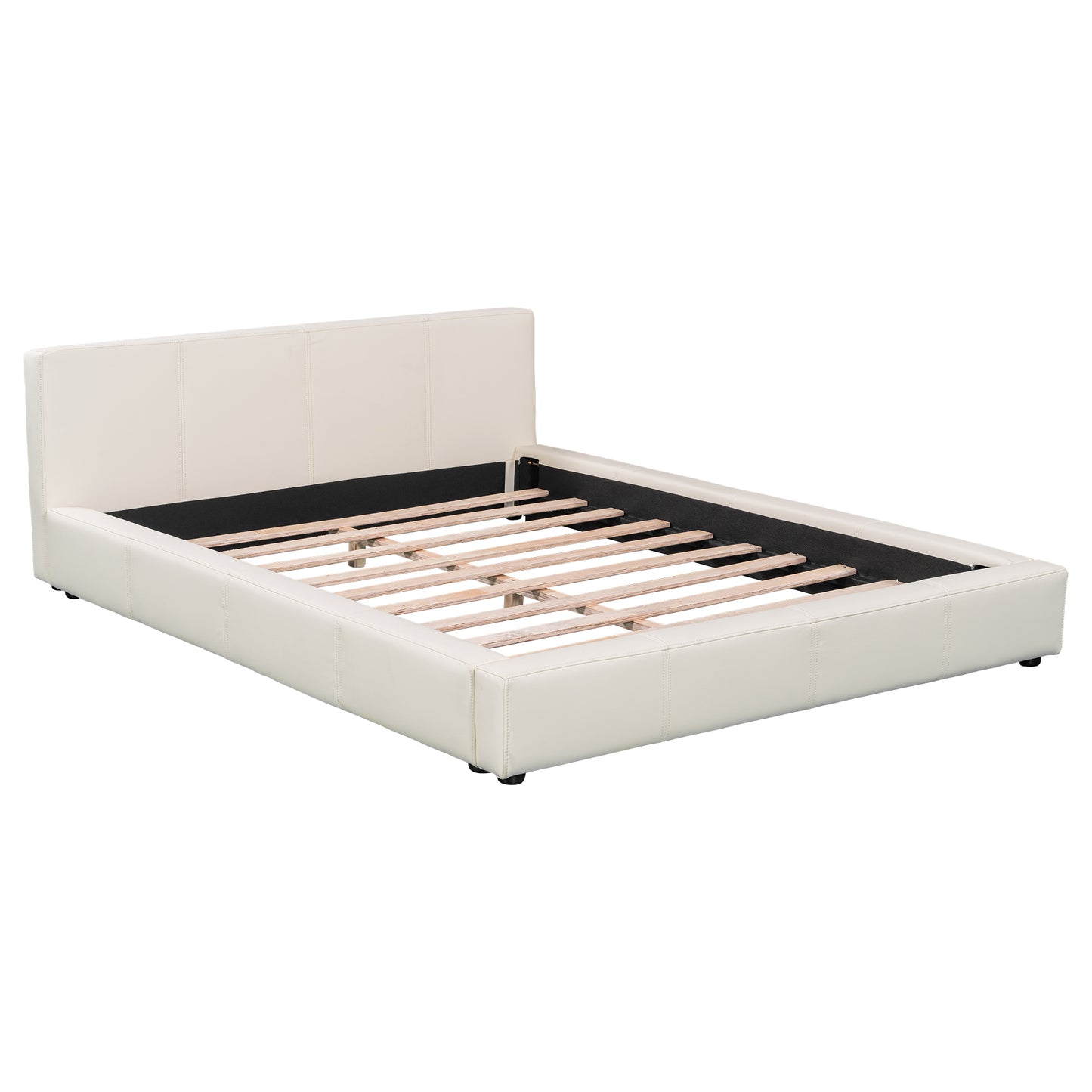 Stylish Beige Upholstered Bed with Minimalist Design, Faux Leather, Full Size  N769P241218K