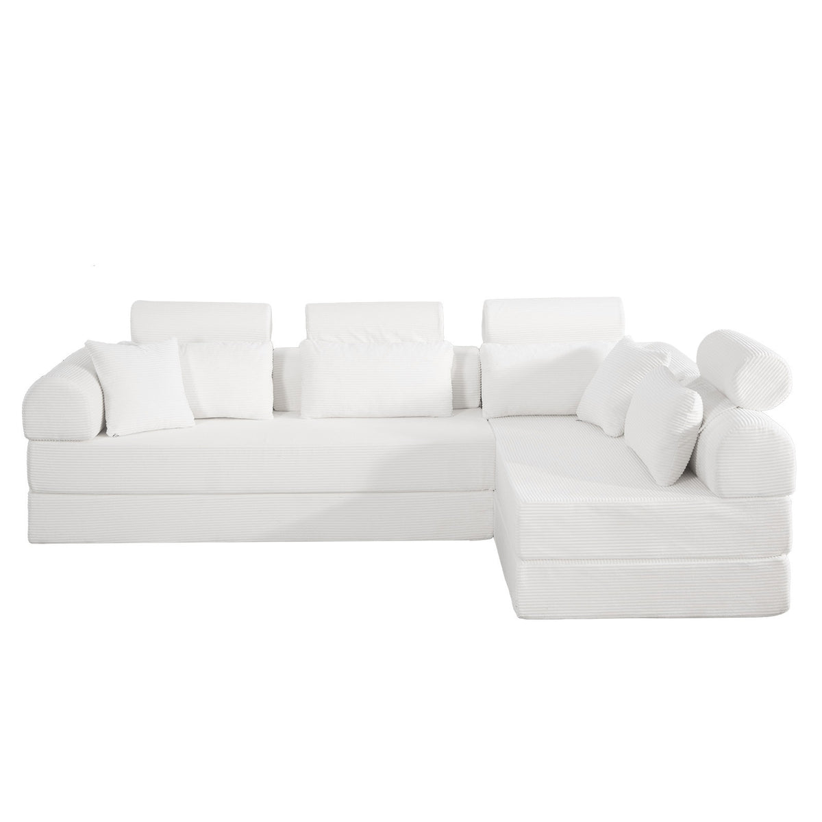 Modern Minimalist L-Shape Modular Sectional Sofa in Beige Corduroy Fabric, Compressed Design with Bed Conversion, Space-Efficient Living Room Furniture  W5532S00002