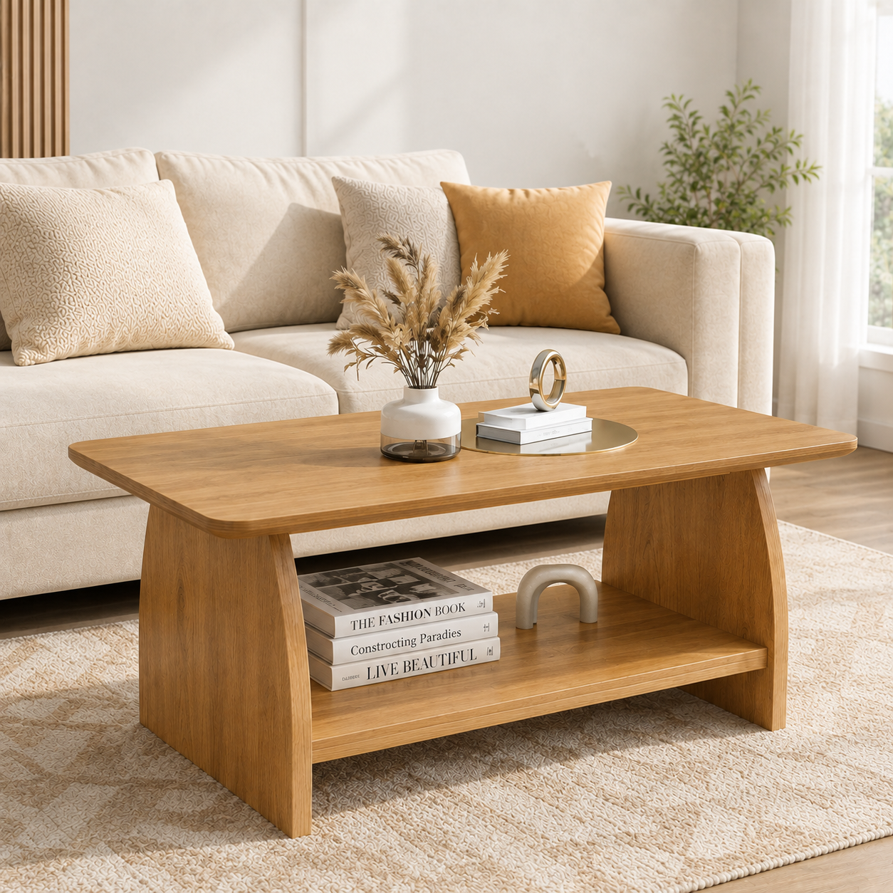 47 inch modern living room coffee table, double-layer rectangular coffee table with storage function, rounded corner design, MDF material, suitable for living room  W1727P356434