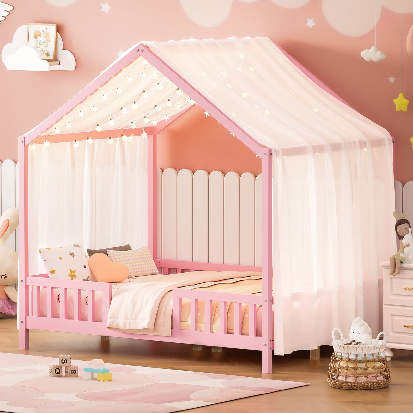 Montessori Floor Bed with Canopy, Full Bed Frame for Kids, House Shape Toddler Bed Frame with High Railings, Wood Kids Bed with Roof, Kid Full Bed, Pink N733P356048H