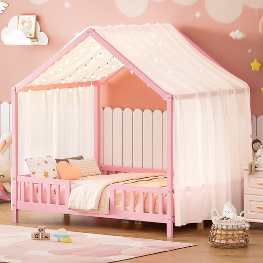 Montessori Floor Bed with Canopy, Full Bed Frame for Kids, House Shape Toddler Bed Frame with High Railings, Wood Kids Bed with Roof, Kid Full Bed, Pink N733P356048H