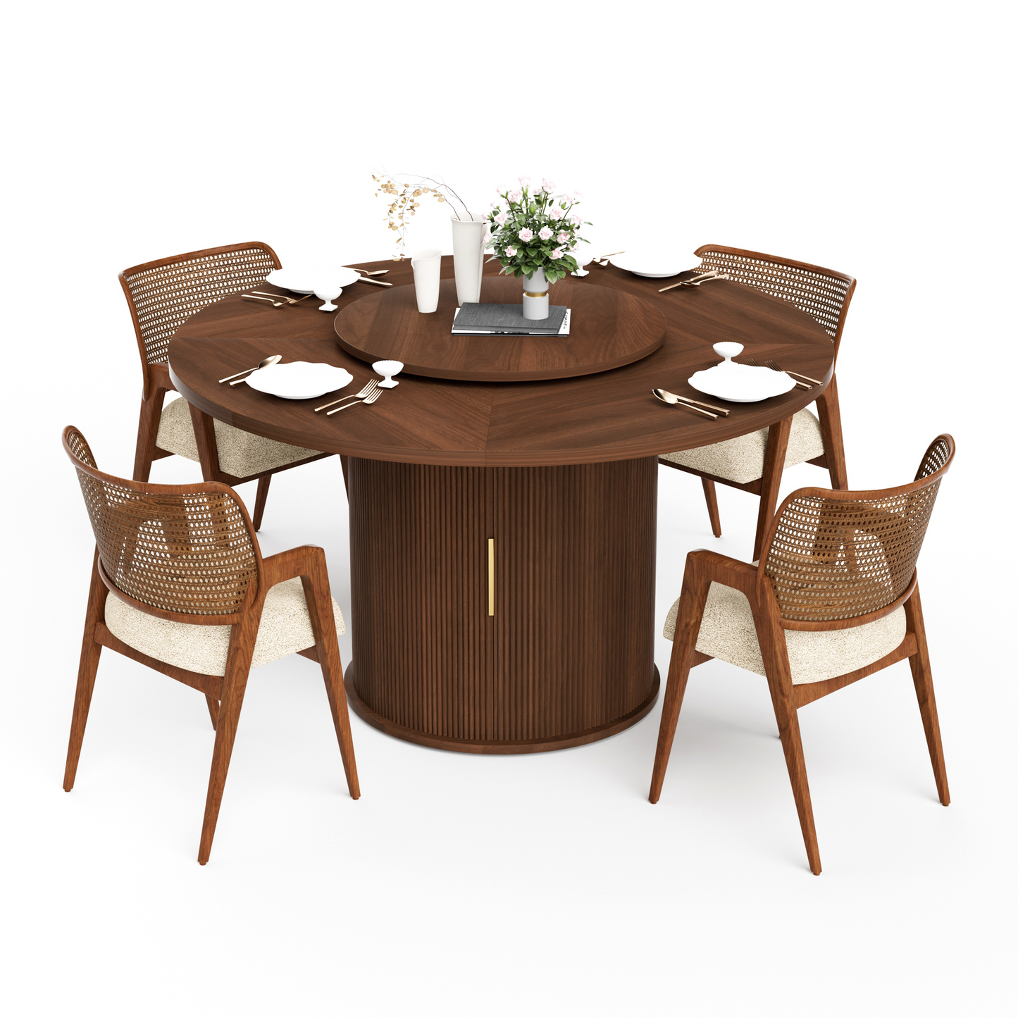 55-inch round dining table for six, featuring a double-tiered storage rack and a rotating tabletop tray. Wooden wavy-striped sliding doors. Ideal for home dining room living room (Walnut).  W1162P357244