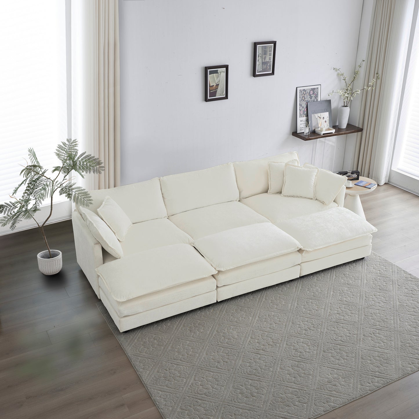 Comfortable Deep Seat Reversible Modular 6 Seater Sectional Super Soft Sofa U Shaped Sectional Couch with 3 Ottomans, 3 Toss Pillows and 2 Arm Pillows  W714S00561