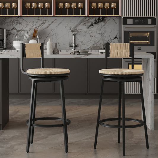 Creamy White Bar Stools Swivel Counter Chairs with Metal Frame Set of 2 Hand Woven Paper Rope Dining Barstools for Kitchen Counter (Creamy White)  W1757P144565