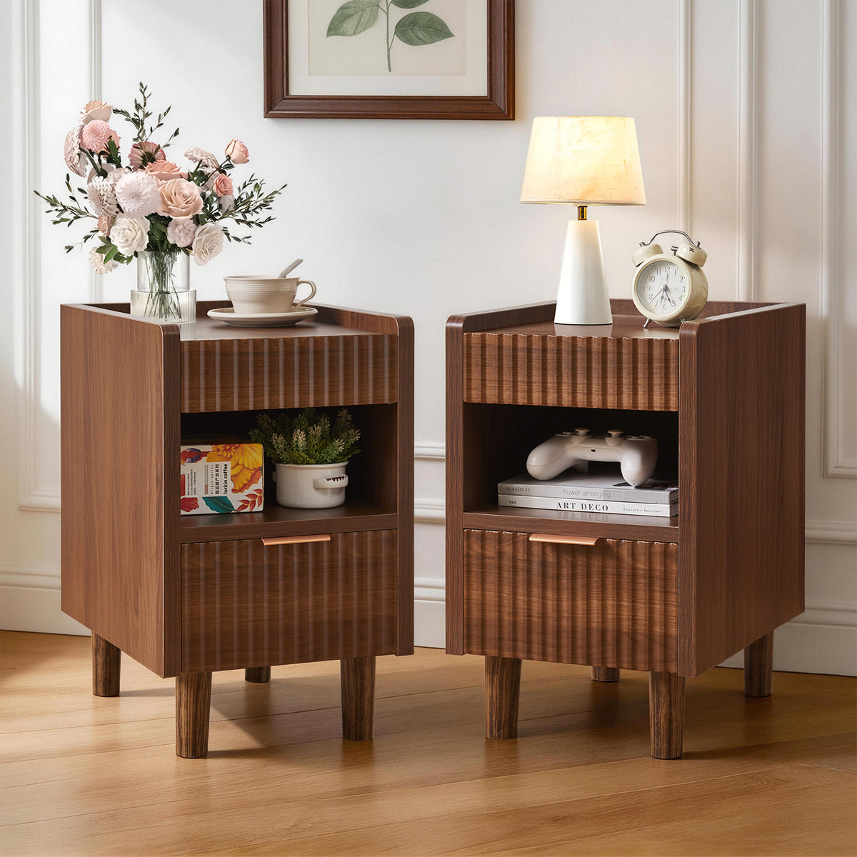 Walnut Brown Fluted Wood Nightstands with Drawer and Open Storage, 2 Pack Modern Bedroom Bedside Side End Tables for Living Room Home Decor  W5368P514105