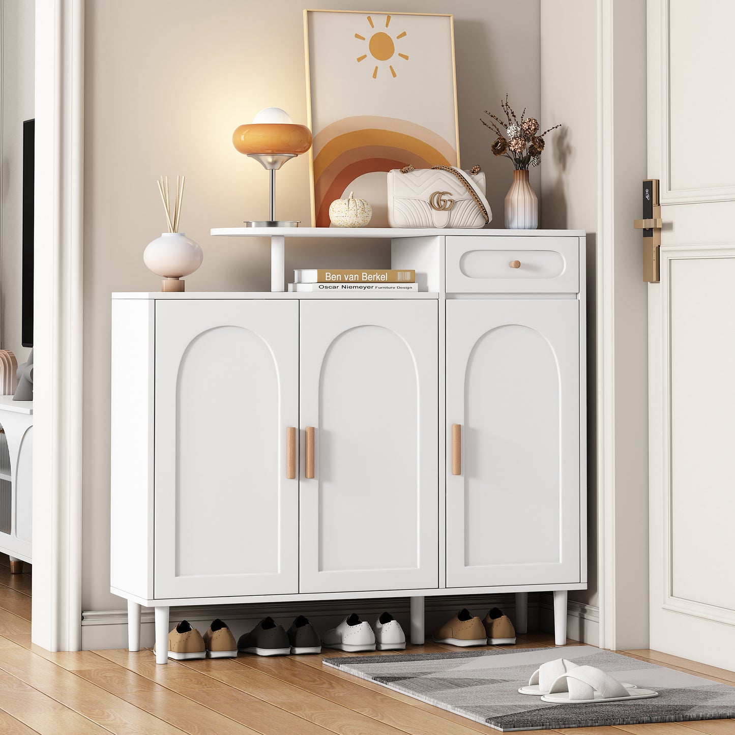 ON-TREND Elegant Shoe Cabinet with Arched Doors and Drawer, Cream Style Storage Sideboard with Adjustable Shelves and Solid Wood Legs for Entryway, Living Room, White  WF321210AAK