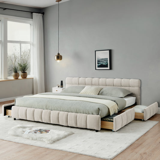 California King size Upholstered Bed ,comfortable upholstered bed frame, Chenille fabric, with headboard and solid bed frame. With drawer for storage.-Beige(90.5''*80.5''*31'')  W487S00422