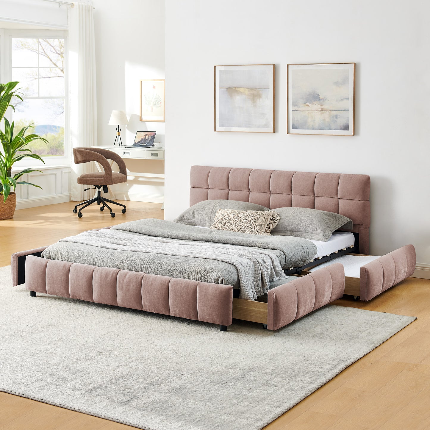 Queen Size Upholstered Bed ,comfortable upholstered bed frame, Chenille fabric, with headboard and solid bed frame. With drawer for storage.-Pink(88.5''*68.5''*31'')  W487S00398