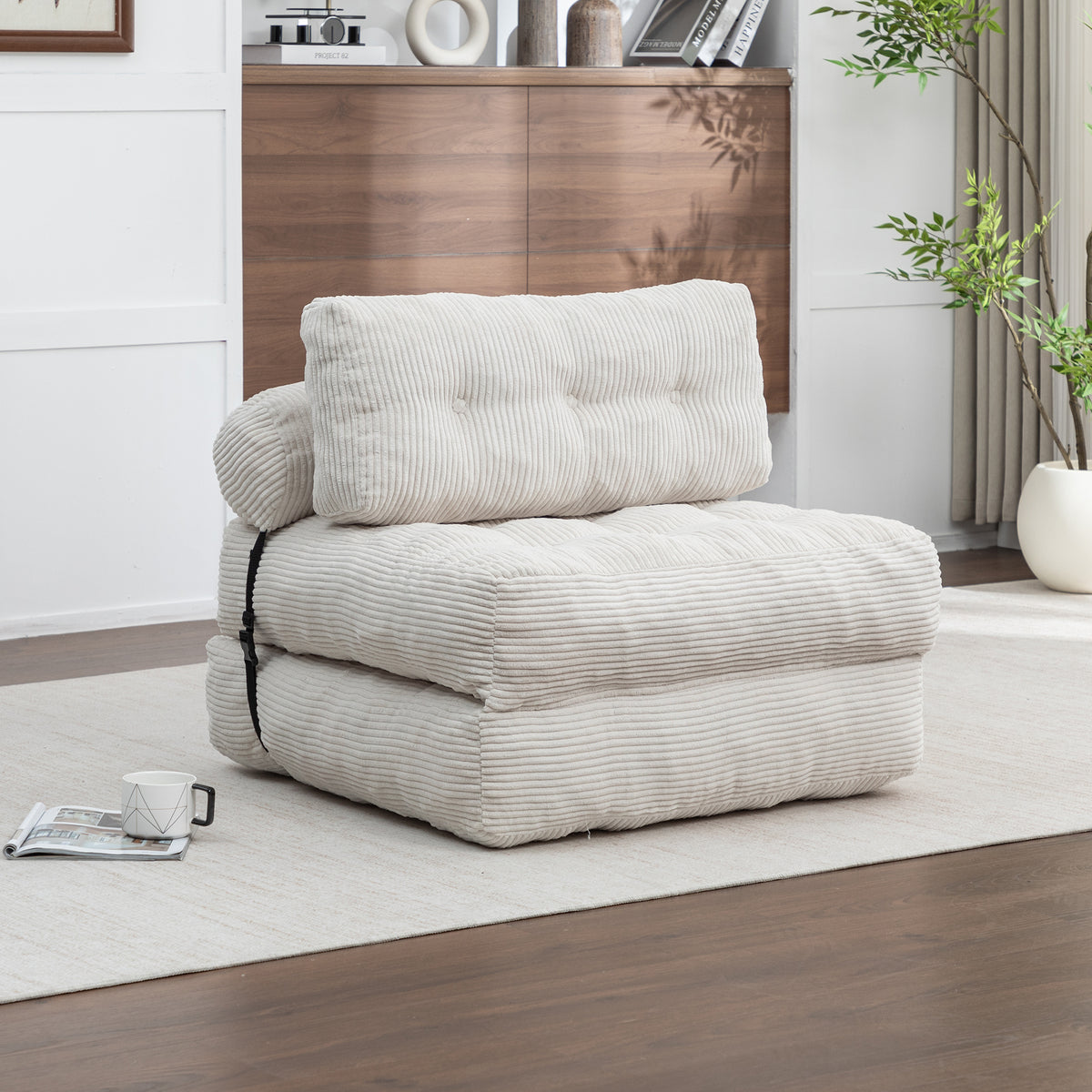Folding Sofa Bed, Convertible Sleeper Chair with Pillow Foldable Mattress with Back Support, Portable Fold Out Chair Bed Comfy Floor Sofa Lounge for Living Room Bedroom, Beige, Single  W2200P442793