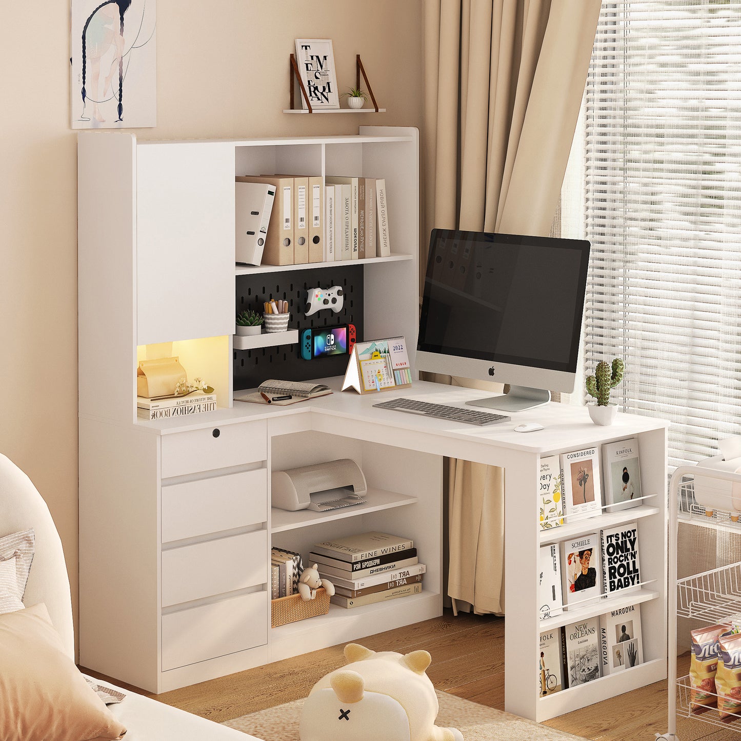 L Shaped Desk with Charger,Computer Desk with Drawers,Bookshelf,with LED Light,Modern Corner Desk,Home Office Desk,L-Shaped Study Table Writing Desk,Corner Gaming Computer Desk with Storage   W1321S00016