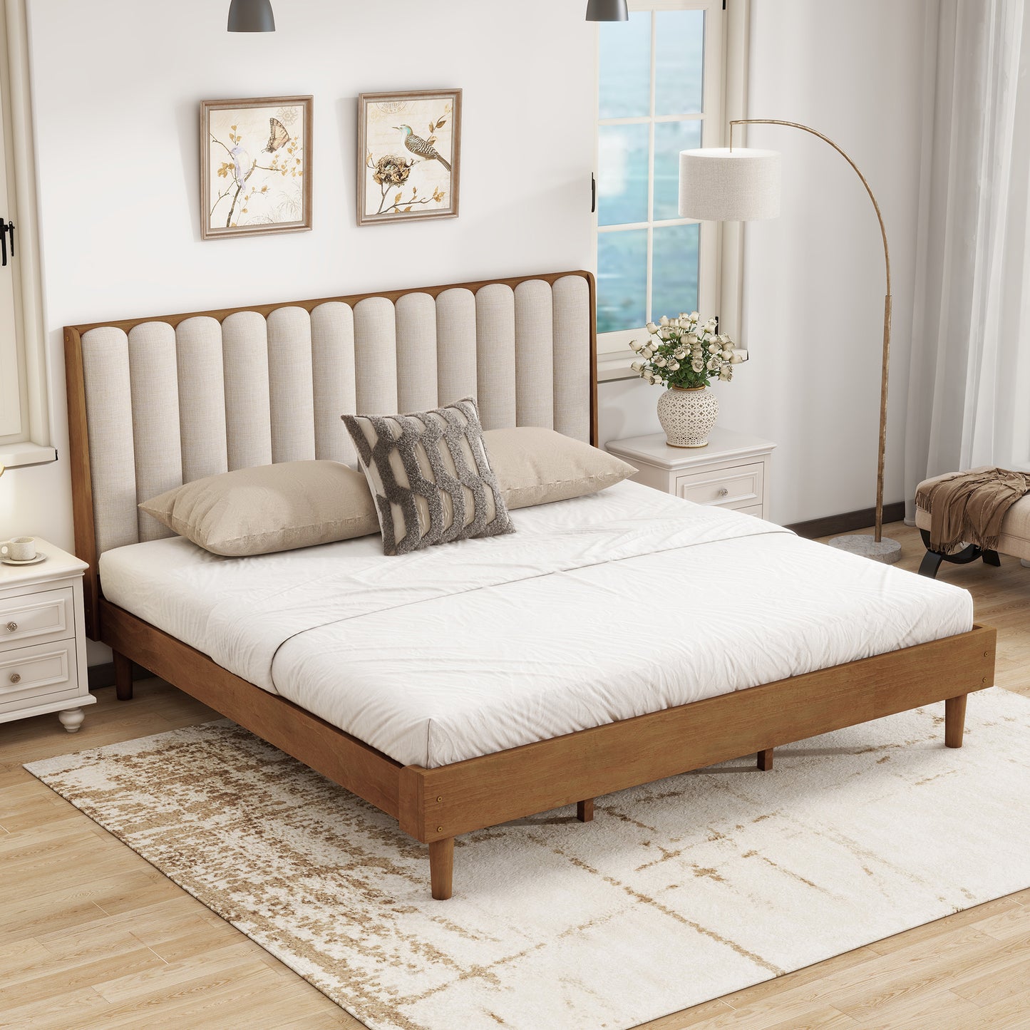 King Size Wood Bed with Piano Key Style Upholstered Headboard , Wood Bed with Strengthened Bed Frame ,WHEAT  W504S00258
