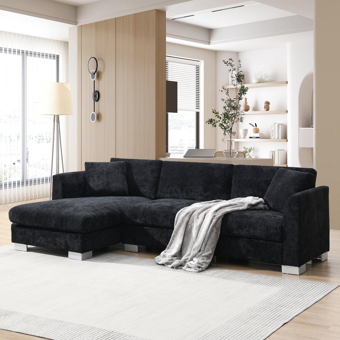 [NEW SKU of N723S6037B]96' Modern Cloud Sectional Sofa, L-shaped Luxury Couch Set with 2 Free pillows, 4-seat Chenille Indoor Furniture with Oversized Chaise for Living Room, Apartment, Office  N723S7037B