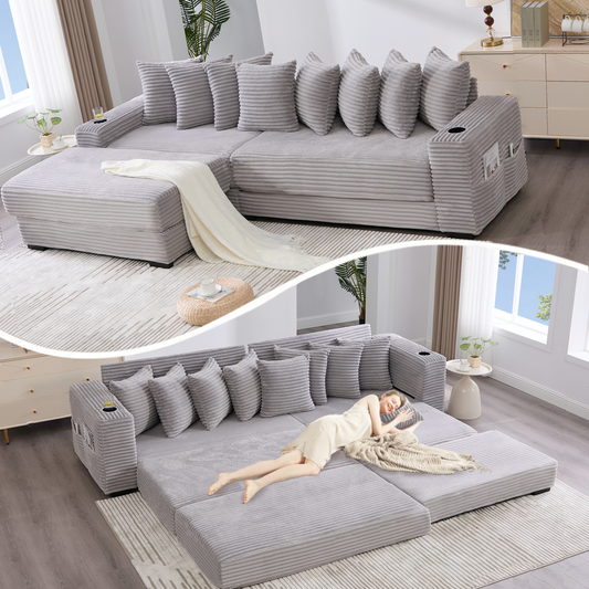 [NEW ARRIVED] [VIDEO PROVIDED]   110.75' Modular L Shaped Sofa, Corduroy Fabric Sectional Couch,With a movable footstool, Cup Holders,Bring 8 throw pillows,Side Pocket,Unfold into a Bed,Light Gray W2108S00130