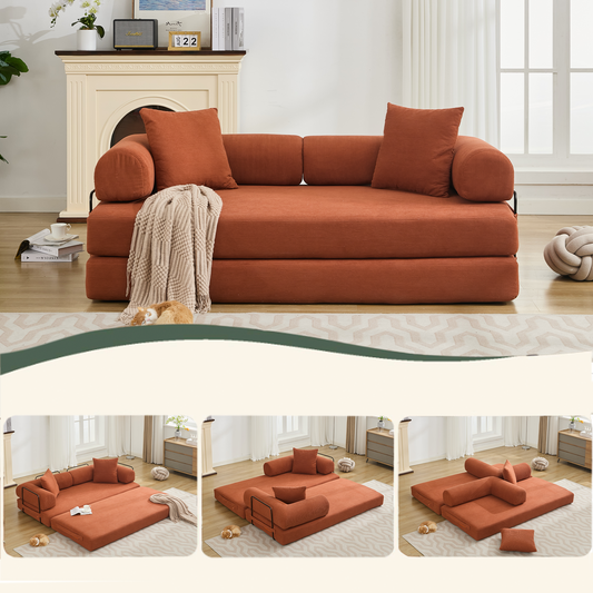 Folding Convertible Out Sleeper Sofa Bed,4-in-1 DIY Combination Convertible Sofa, 3 seat, Folding Sleeper Sofa, King Size , Bedroom,Apartment,Corduroy,Orange  W2981P395352