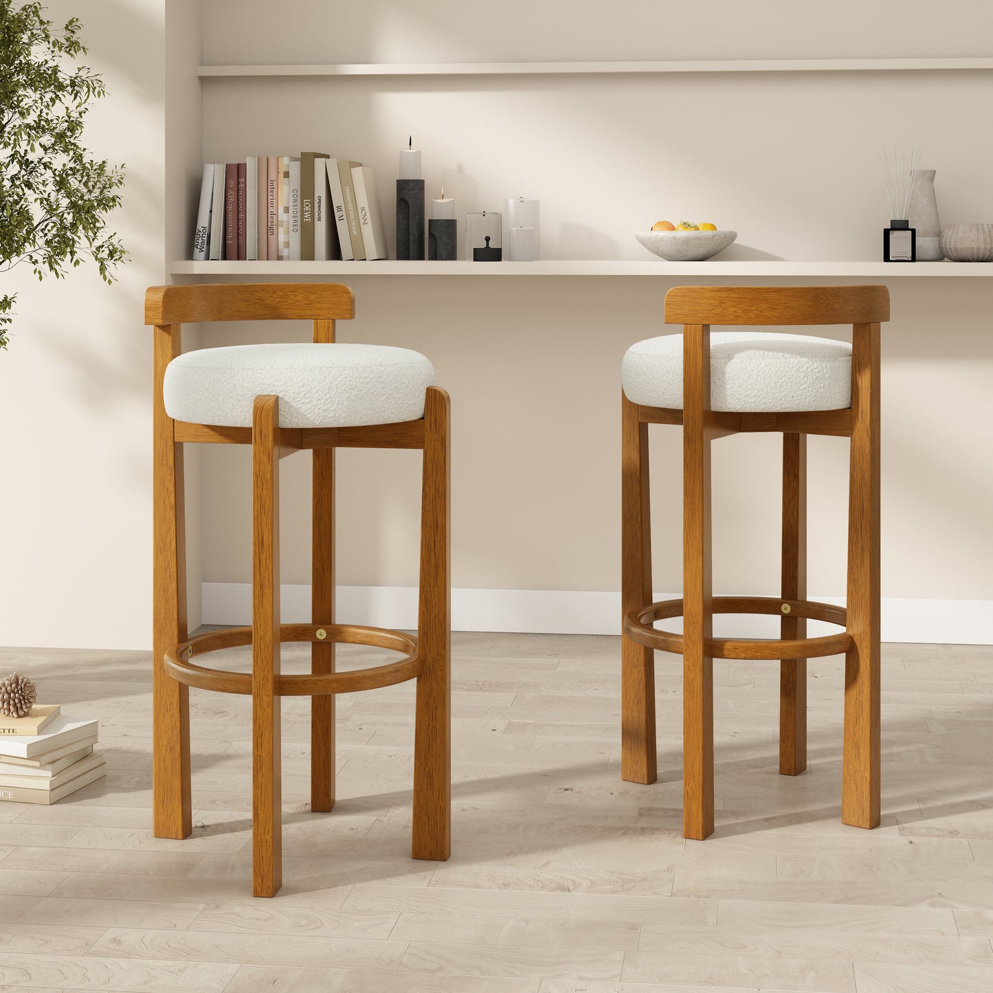Elise Indoor Wooden Low Back Barstool, Walnut Finished and White Upholstery, Set of 2  N775P277433W