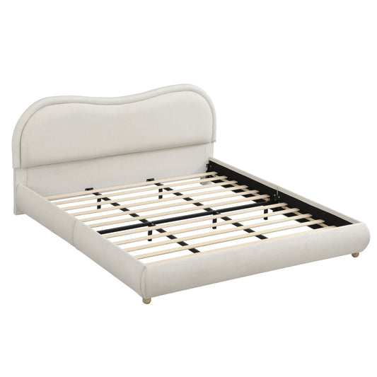 King Size Upholstered Platform Bed Frame with Curved Headboard, Chenille Fabric, Solid Oak Legs, Beige, No Box Spring Needed, Easy Assembly  W1716P387791