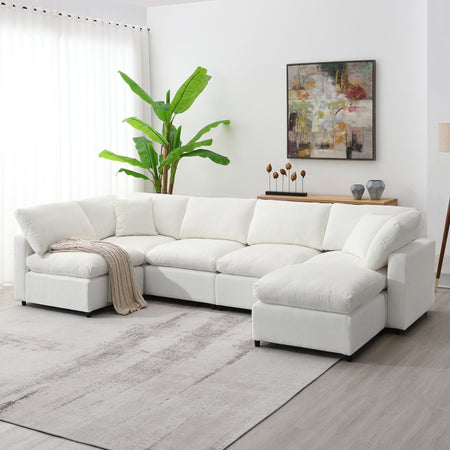 130*65' Modern Modular Cloud Sofa Bed, 6 Seat Chenille Sectional Couch Set with Ottoman,Free Combination,Convertible U Shaped Sleeper Sofa for Living Room, Apartment, 3 Colors  N723S9583A