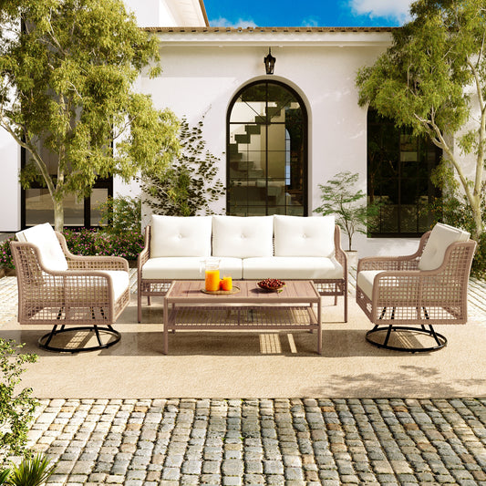 GO 4 Pieces Patio Furniture Set with Swivel Chairs, Outdoor Wicker Sofas for 5-person, Sectional Rattan Outdoor Conversation Set for Poolside Backyard Deck, Beige  N704G201247A