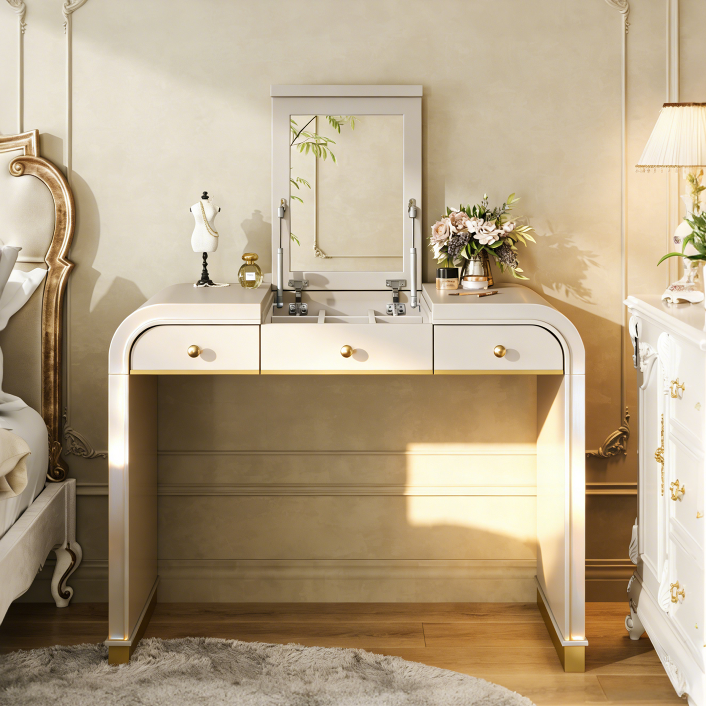 Classic Wood Vanity Desk with Flip Mirror, 3-in-1 Dressing Table with 2 Drawers and Storage Space for Bedroom, Champagne N704P381406C