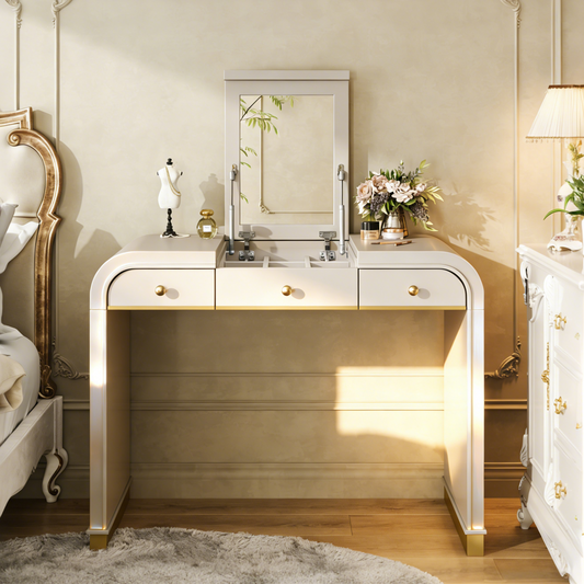 Classic Wood Vanity Desk with Flip Mirror, 3-in-1 Dressing Table with 2 Drawers and Storage Space for Bedroom, Champagne N704P381406C