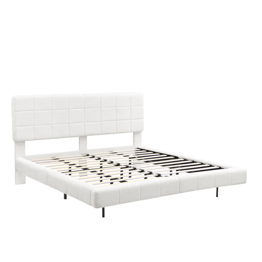 White Boucle Floating Bed with Light, King Size, Wood and Fabric Construction, Soft Touch Surface, Modern Design  N769P304636W