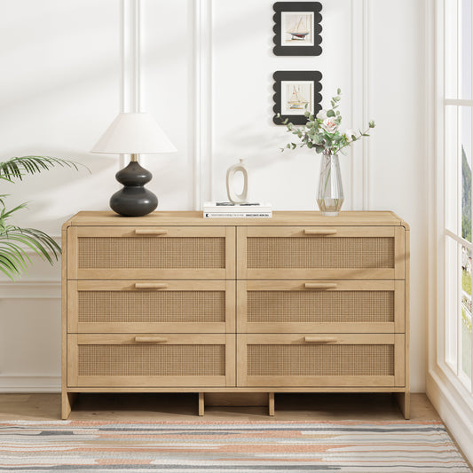 51.18'' Arc Shaped Corner Rattan Cabinet, 6-Drawers Rattan Storage Cabinet Rattan Drawer, for Living Room Bedroom,and Kitchen  W757P242780, Natural