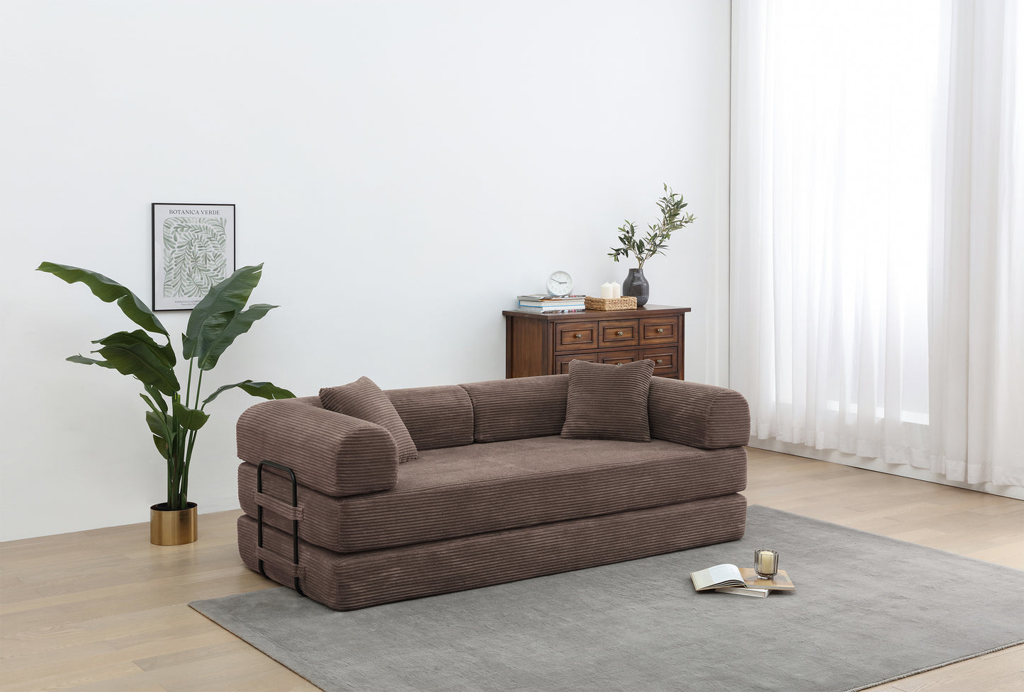 Convertible Sleeper Sofa Bed with Cylindrical Pillow - Corduroy Folding Mattress Couch with Fixed-Shape Frame for Living Room, Bedroom, Lounge, Studio - BROWN  W3199P309395