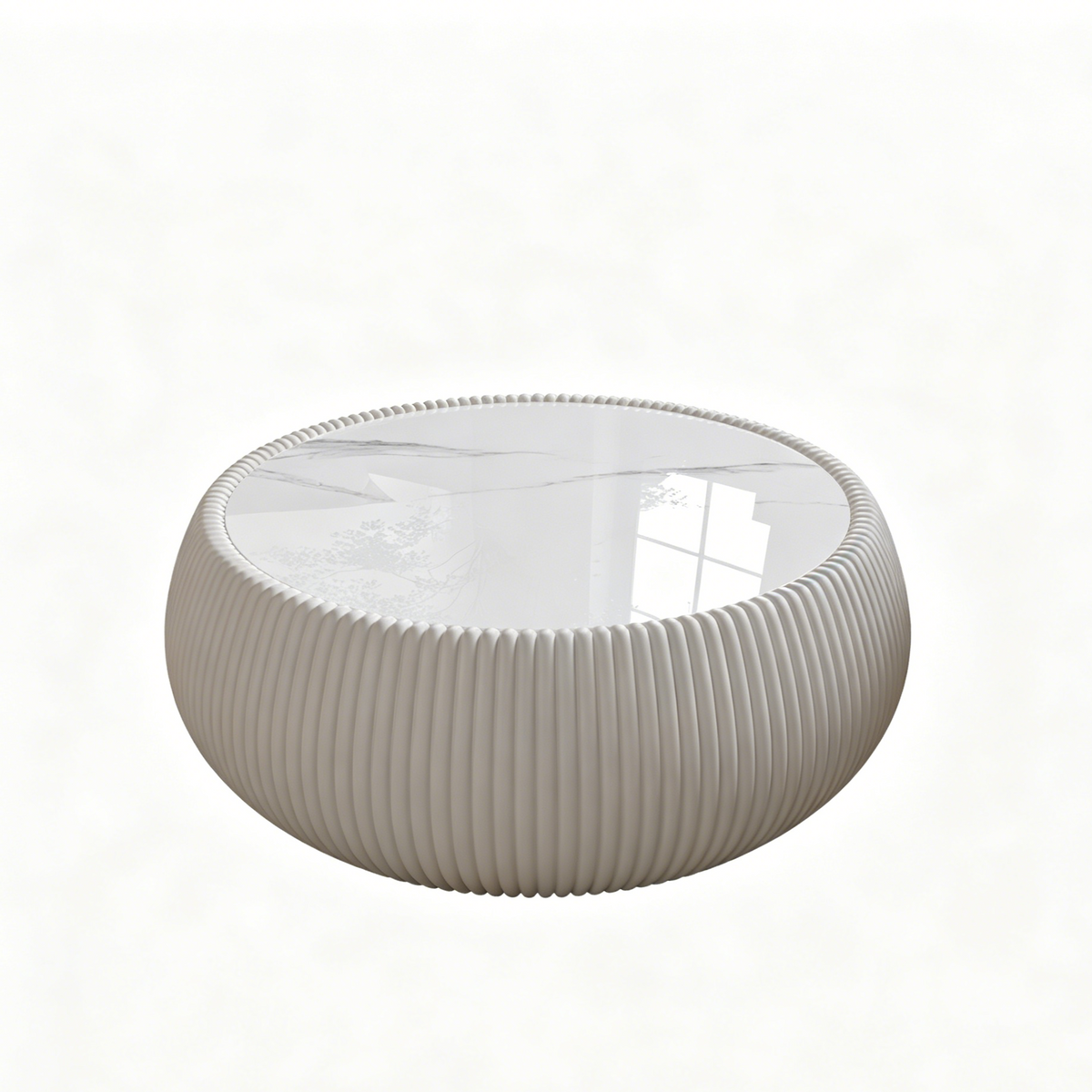 Modern Drum-Shaped Coffee Table with Sintered Stone Top and White PU Leather Frame in Grey Pattern  W3081P367626