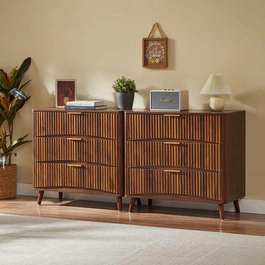 Fluted 3 Drawer Dresser Set of 2, Mid-Century Modern Tall Chest of Drawers with Vertical Grooved Design, Solid Wood Storage Cabinet with Metal Handles for Bedroom Living Room, Walnut  W1820S00086