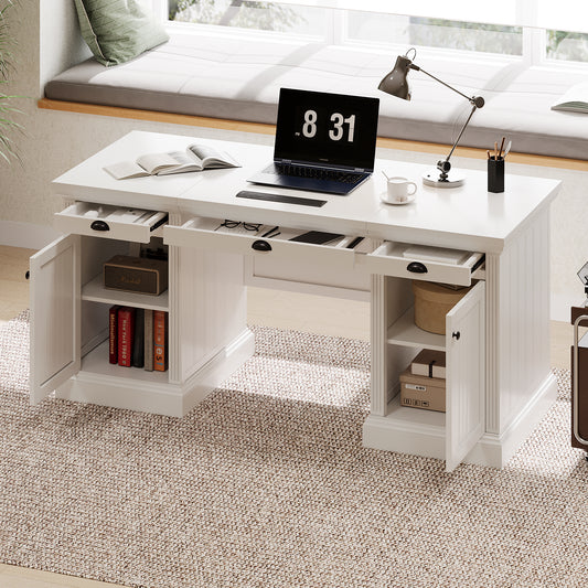 67''Modern Executive Desk,Computer Desk with 2 Storage Cabinet and 3 Drawers, Rectangle Home Office Desk with back ,Reading Desk,Writing Table,Workstation for Home Office,Living Room,study,White  N751S211942K