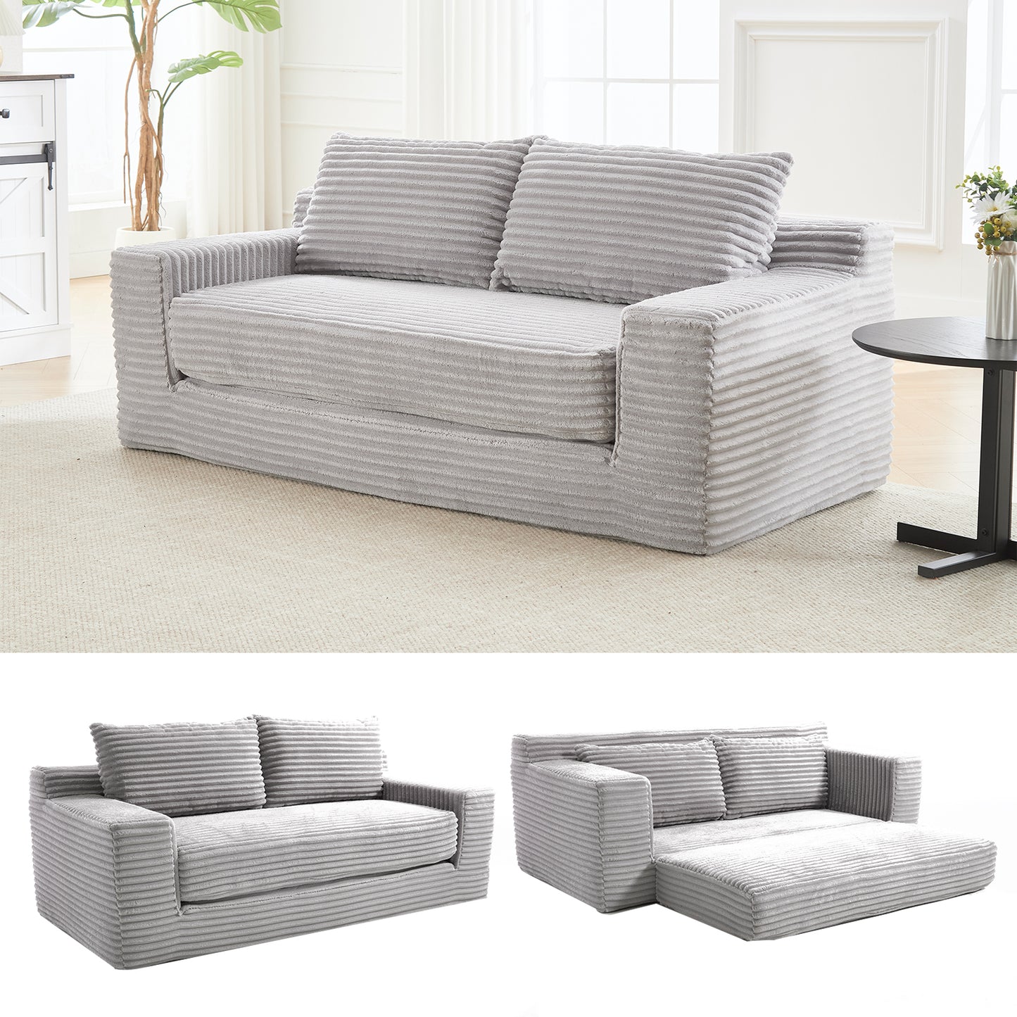 Loveseat Sofa  with Memory Foam & Steel Frame - No Assembly, Convertible 2-in-1 Design, Corduroy Fabric - Compact Couch for Small Spaces, Apartments, Home Office & Bedroom (Grey)  W2959P272125
