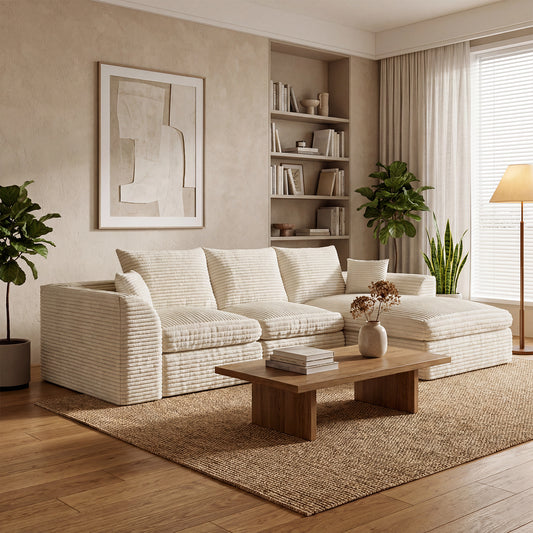 Modular Cloud Couch, L-Shaped 3-Seater with Reversible Chaise, Boneless Memory Foam Corduroy Sofa, 102' Convertible Bed, Living Room Furniture, No Assembly Required, Beige  W5638S00005