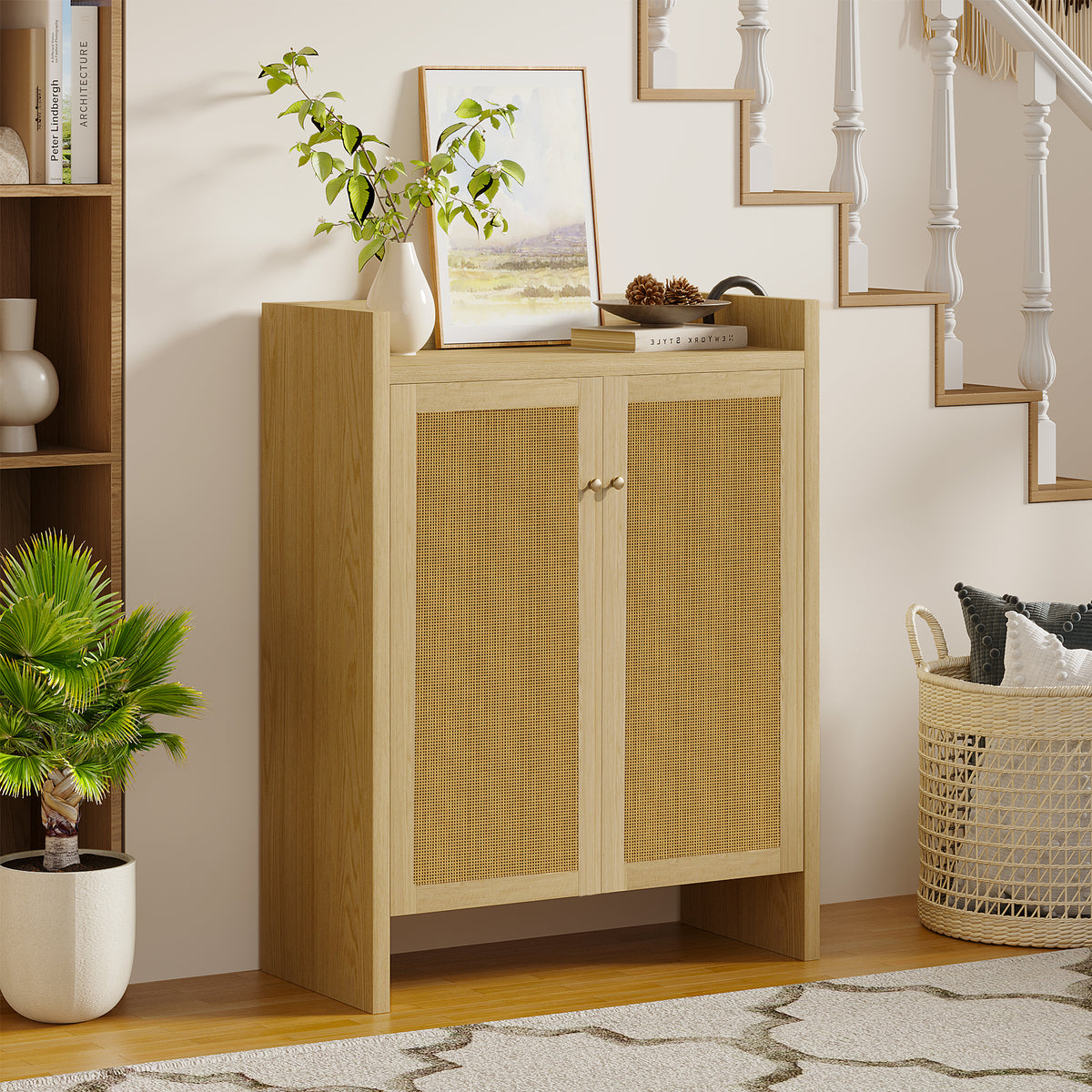 42.5' Tall Rattan Shoe Cabinet with Doors, 6-Tier Shoe Storage Cabinet with Adjustable Shelves, Wooden Freestanding Shoe Organizer Shoe Cabinet for Entryway,Hallway,Living Room (Natural)  W808P415446