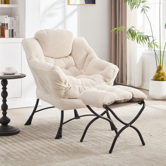 Lazy Chair with Ottoman, Modern Lounge Accent Chair with Armrests and a Side Pocket, Leisure Upholstered Sofa Chair Reading Chair with Footrest for Small Space, Corner Chair-White W640P271553