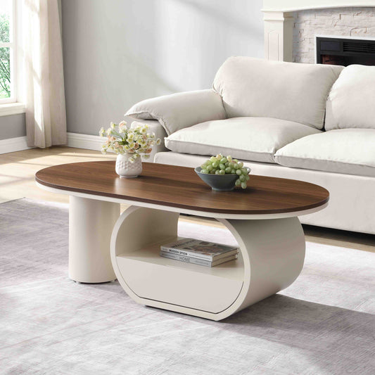Luxury Oval Coffee Table, 47.24'' Coffee Table with Storage Drawer, White Metal Center Table for Living Room W821S00032