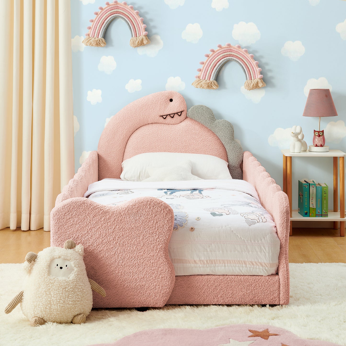 Twin Size Cute Dinosaur-Shaped Kids Bed with Safety Guardraild, Solid Wood Toddler Bed Frame for Children for Bedroom, Boucle Fabric  W1413P384917