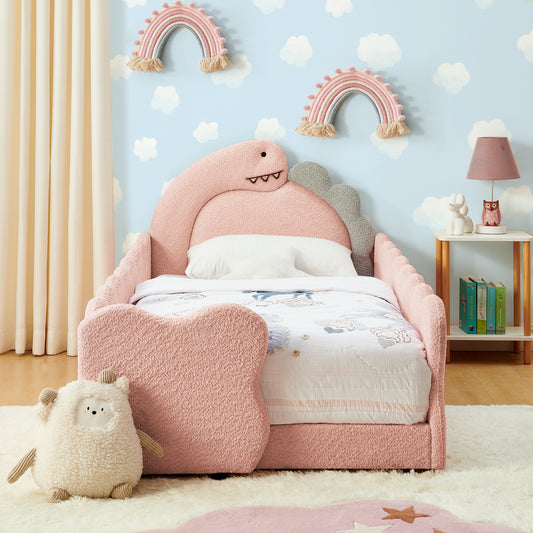 Twin Size Cute Dinosaur-Shaped Kids Bed with Safety Guardraild, Solid Wood Toddler Bed Frame for Children for Bedroom, Boucle Fabric  W1413P384917
