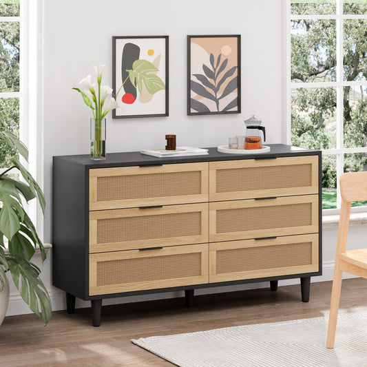 51.18'6-Drawers Rattan Storage Cabinet Rattan Drawer with White Drawer Slides,for Bedroom,Living Room,Black W757P162761