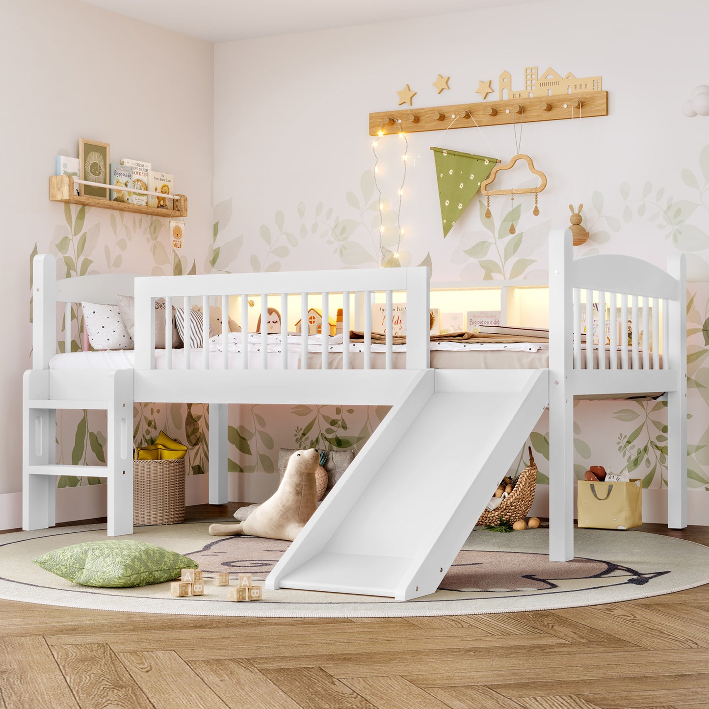 Twin XL Loft Bed with Storage Shelves, Solid Wood Lower Loft Bed with LED Lights and Full-length Guardrails, No Box Spring Needed, White W1580S00364