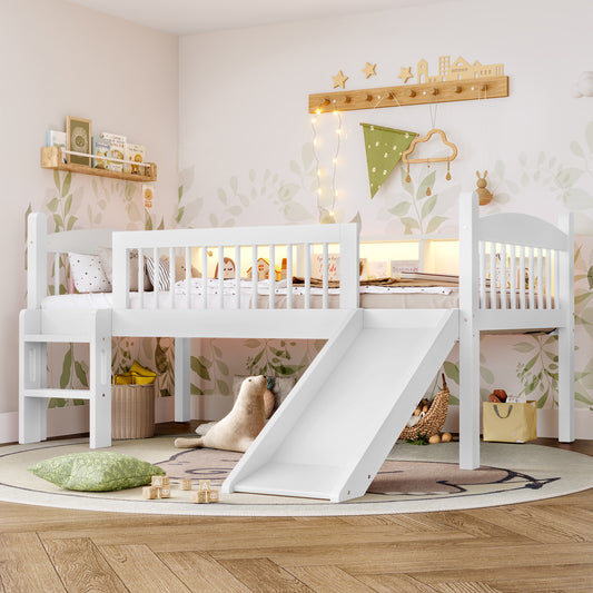 Twin XL Loft Bed with Storage Shelves, Solid Wood Lower Loft Bed with LED Lights and Full-length Guardrails, No Box Spring Needed, White W1580S00364