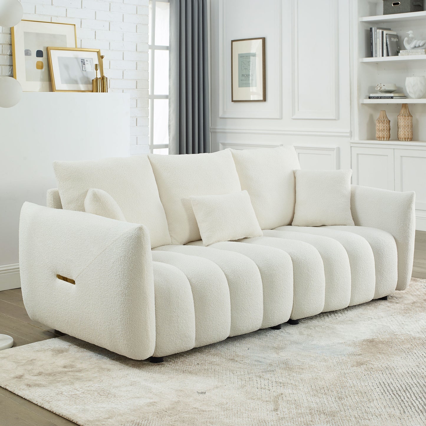 [video] MH 79.5' Premium Teddy fabric Sofa with 3 Back Pillows and 3 back Cushions Solid Wood Frame 3-Seater Sofa, Oversized Upholstered Chair for Living Room, Bedroom, Apartment and Office  W1193S00177
