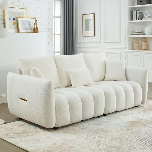 [video] MH 79.5' Premium Teddy fabric Sofa with 3 Back Pillows and 3 back Cushions Solid Wood Frame 3-Seater Sofa, Oversized Upholstered Chair for Living Room, Bedroom, Apartment and Office  W1193S00177