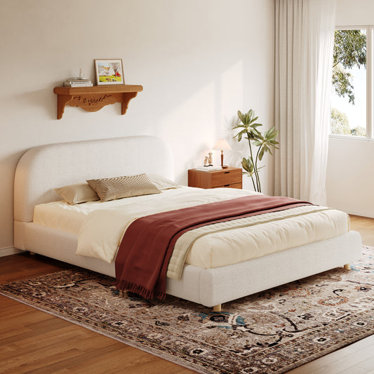 Queen Size Upholstered Bed With Boucle Fabric,Curved-Shape Design Thick Headboard, Solid Wood Legs,White  N757Q210312W-3