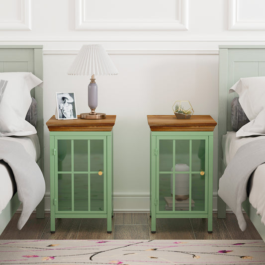 Nightstand with Storage Cabinet & Solid Wood Tabletop, Bedside Table, Sofa Side Coffee Table for Bedroom, Living Room, Green(Set of Two Pieces)  W757138623