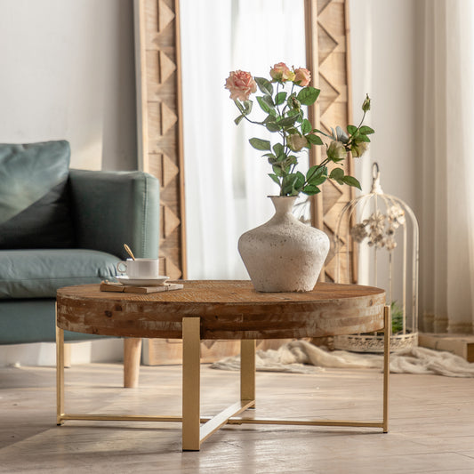 31.29'Modern Retro Splicing Round Coffee Table,Fir Wood Table Top with Gold Cross Legs Base  W757102843