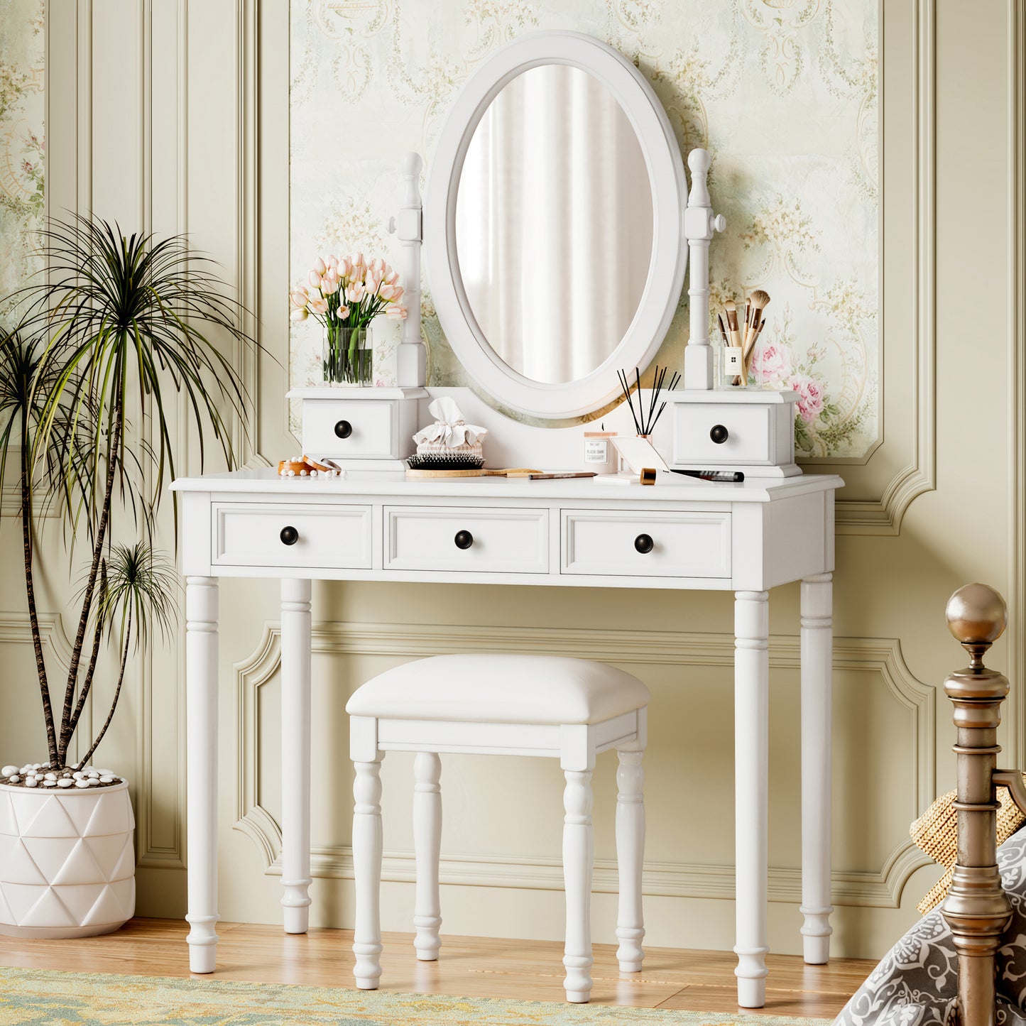 Vanity Desk with Adjustable Angle Mirror, Vintage Vanity Makeup Table and Cushioned Stool Set with Velvet Fabric Lining 5 Drawers,Wooden Dressing Table Set for Bedroom, White N733P305139K